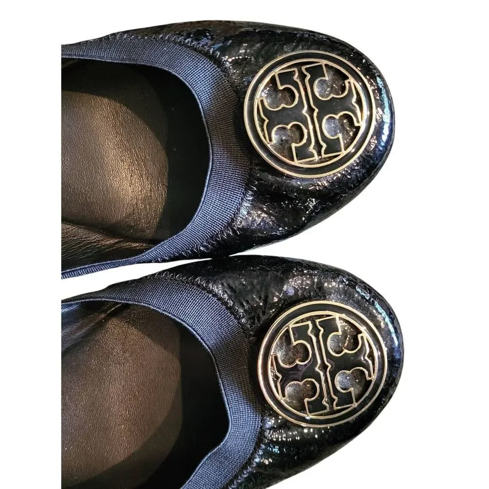 Tory Burch Flats Women's 9 Black Caroline Patent Leather Slip On Logo Designer